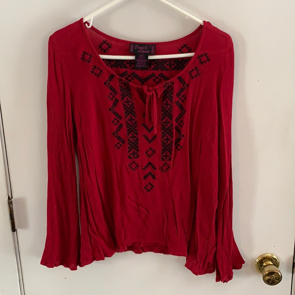 Cowboy Legend  berry red long sleeve shirt with black southwestern embroidery